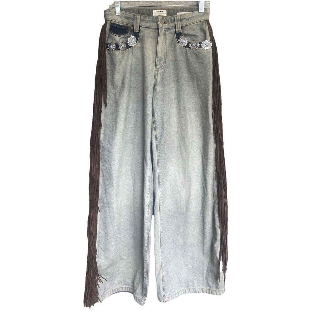 Western Fringe Concho Wide Leg Jeans Womens 26 Boho Festival Coastal Cowgirl